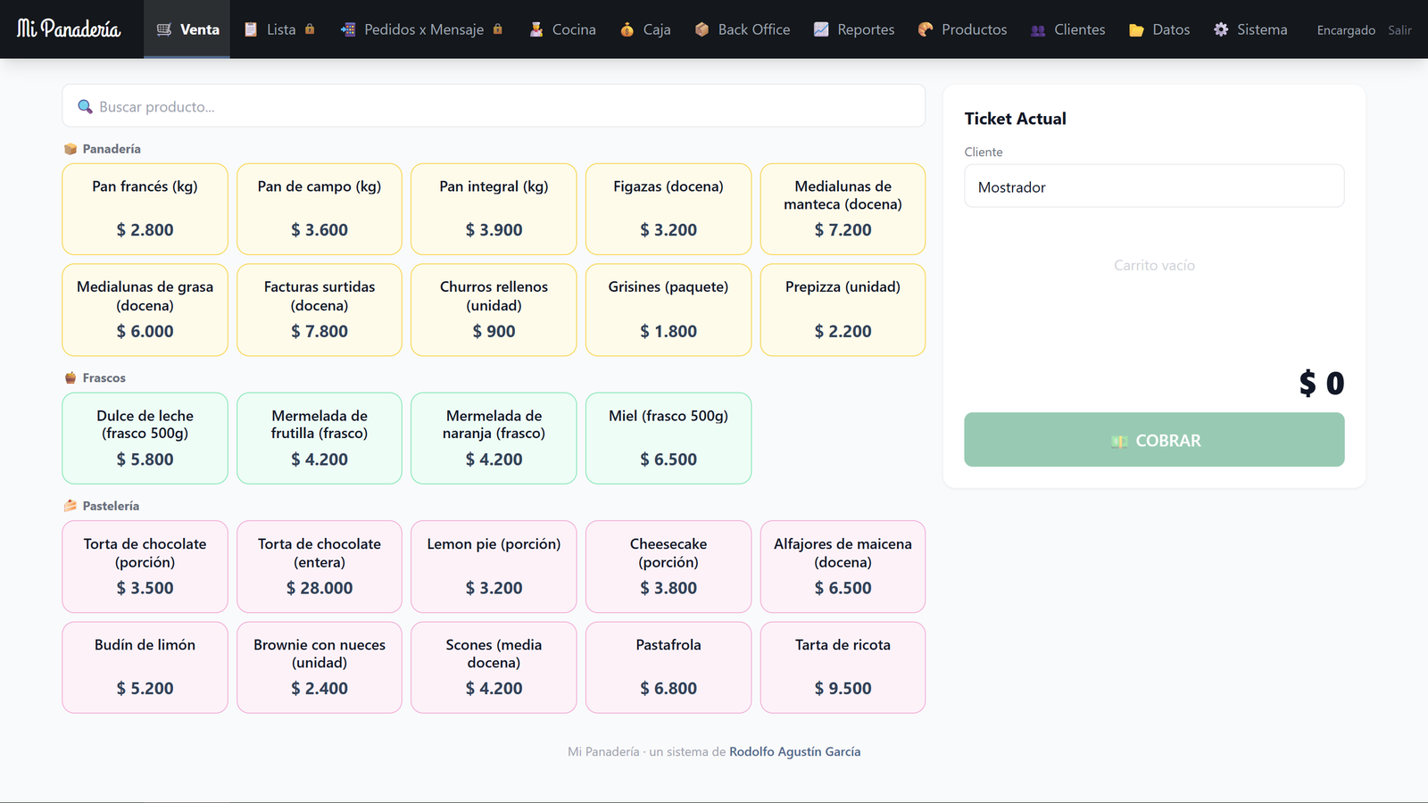 La pantalla de venta de Mi Panadería: los productos agrupados por categoría con su precio, y a la derecha el ticket actual con el cliente y el botón de cobrar.