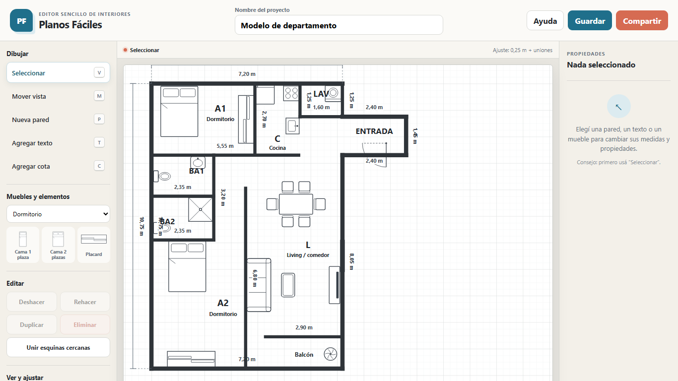 El editor de Planos Fáciles con el plano de un departamento: paredes acotadas, ambientes nombrados y muebles en vista de planta.